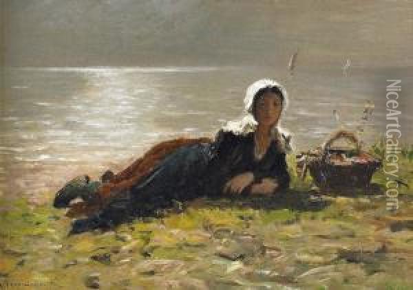 Liegende Trachtenfrau An Der Kuste. Oil Painting - Francois N. Auguste Feyen-Perrin