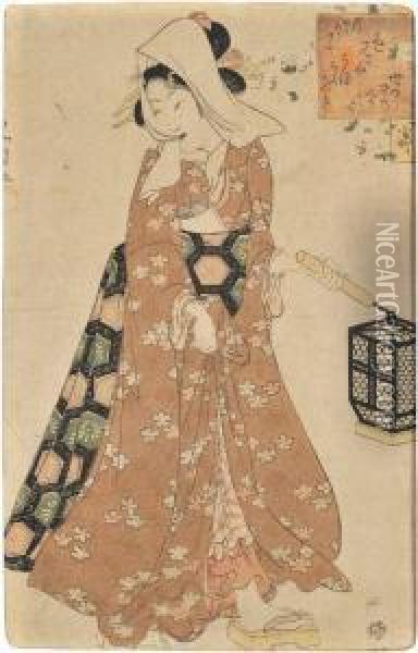 Woman With Wire Basket Oil Painting - Toyokuni