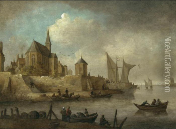 A River Landscape With A Rowing 
Boats Unloading Below The Walls Of A Town, A Church Beyond Oil Painting - Jan van Goyen
