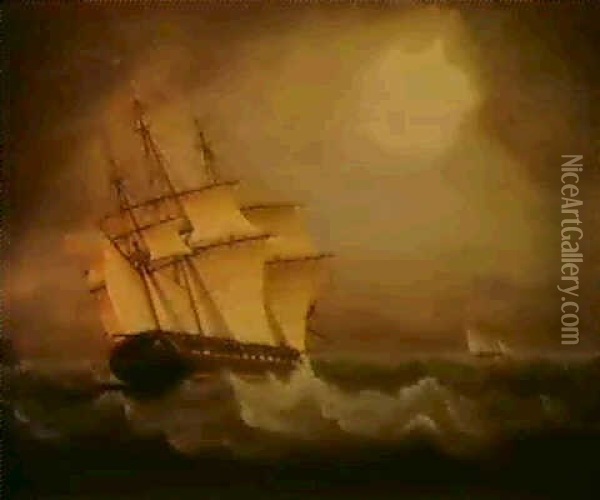 British Frigate In Pursuit Of A French Cutter During The    Napoleonic Wars Oil Painting - Thomas Buttersworth