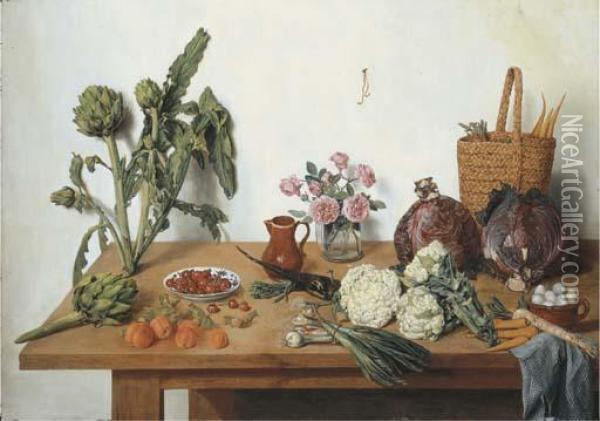Cauliflower, Onions, Peaches, 
Cherries, Artichokes, Roses In A Glass Vase, A Jug, A Basket With 
Carrots, Cabbages And Eggs With A Blue Cloth On A Table Oil Painting - Jan Jozef, the Younger Horemans