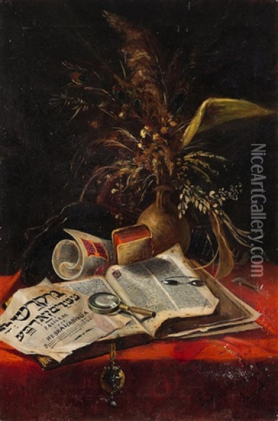 A Still Life With A Book Of Jewish Mysticism Oil Painting - Emil Rumpf