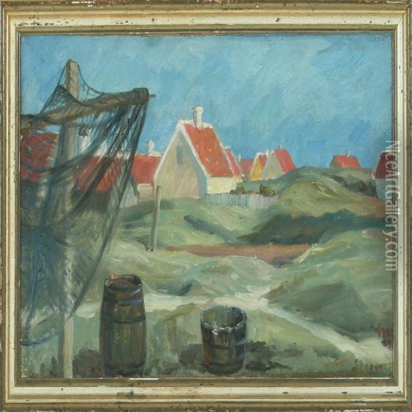 Sunny Landscape With Yellow Skagen Houses Oil Painting - Johannes Martin Fastings Wilhjelm