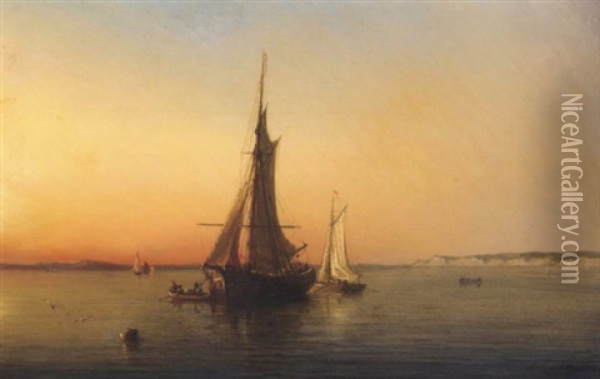 A Coaster Unloading At Dusk Off The Brittany Coast Oil Painting - Baron Jean Antoine Theodore Gudin