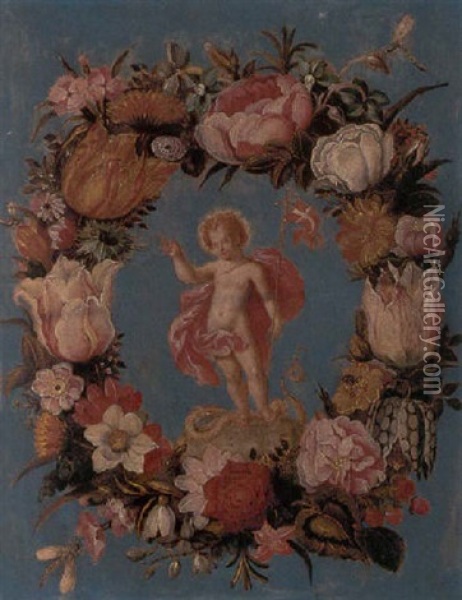 The Infant Christ Triumphant Over Sin, Set In A Garland Of Flowers Oil Painting - Osias Beert the Elder