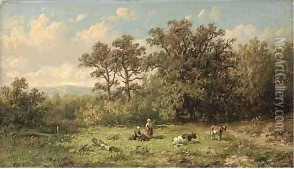 Cattle herders building a fire Oil Painting - Anthonie Jacobus van Wyngaerdt