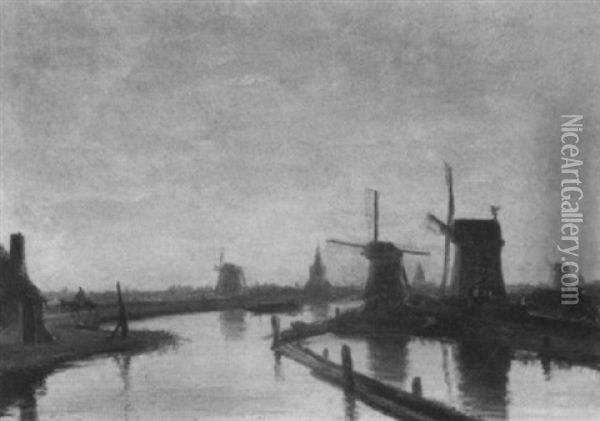 Windmills Along A Canal Oil Painting - Nicolaas Johannes Roosenboom