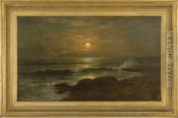 Sunset Seascape With Rocky Shore And Distant Boats Oil Painting - Jonathan Bradley Morse