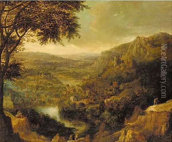 A Rhenish landscape with peasants on mountain tracks Oil Painting - Jan Griffier I