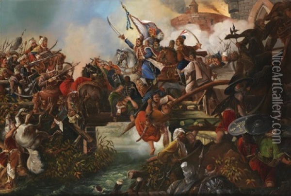 Combat Entre Ottomans Et Hongrois Oil Painting - Karoly Sterio