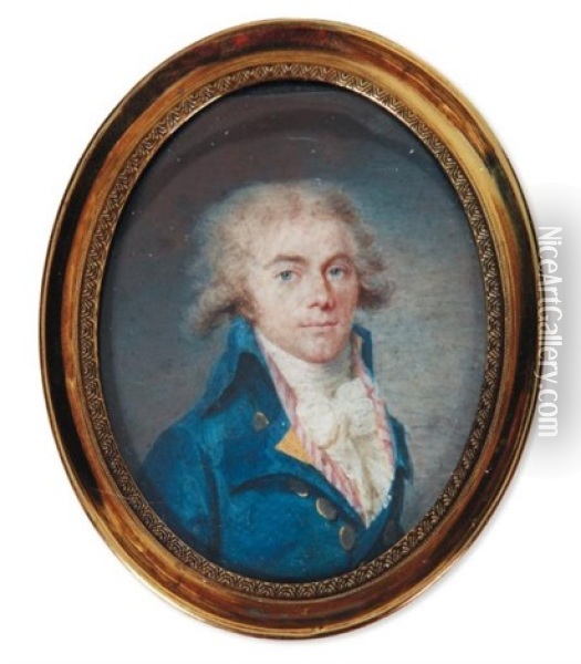 Portrait D'homme A La Redingote Bleue Et Au Gilet Raye Rose Oil Painting - Jean Baptiste Jacques Augustin