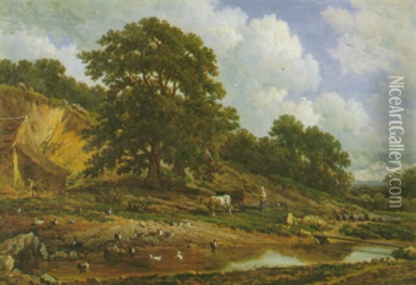 Hirtin Mit Zwei Kuhen Am Flus Oil Painting - Victor de Grailly
