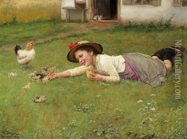 Feeding The Chicks Oil Painting - Carl Von Bergen