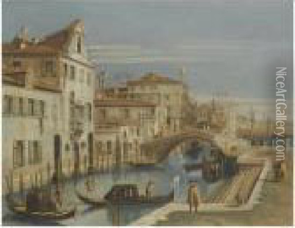 Venice, A View Of A Canal With Gondoliers Oil Painting - (Giovanni Antonio Canal) Canaletto