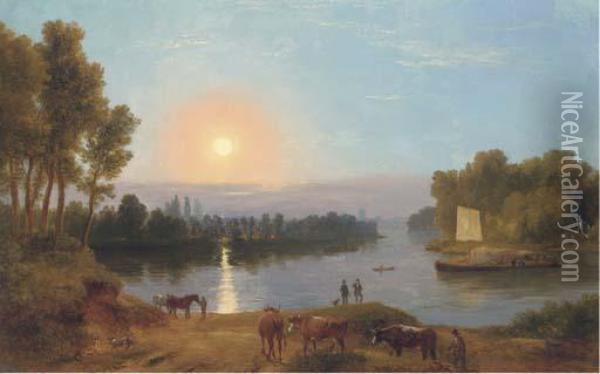 An Extensive River Landscape, 
With Figures And Cattle In Theforeground, Possibly On The River Thames 
Looking From Petershammeadows Towards Richmond Bridge Oil Painting - Ramsay Richard Reinagle