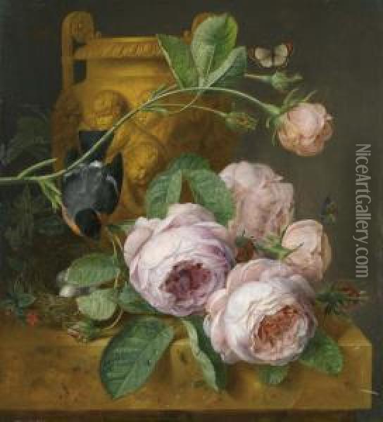 Floral Still Life With Bird's Nest. Oil Painting - Jan Frans Eliaerts