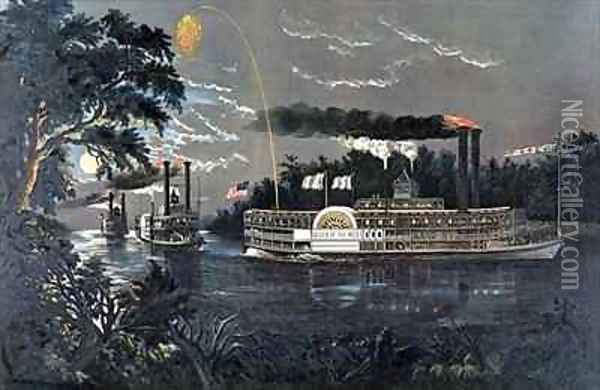 Rounding a Bend on the Mississippi Steamboat Queen of the West Oil Painting - Currier