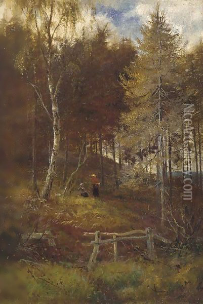 Figures resting on a woodland path Oil Painting - Louis Bosworth Hurt