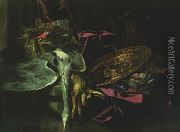 A Dead Hare, A Heron, A Snipe And Finches In A Basket, A Charger, An Ewer, A Melon, A Partridge And A Blackcock On A Ledge Draped With A Curtain By A Column Oil Painting - Pieter Boel