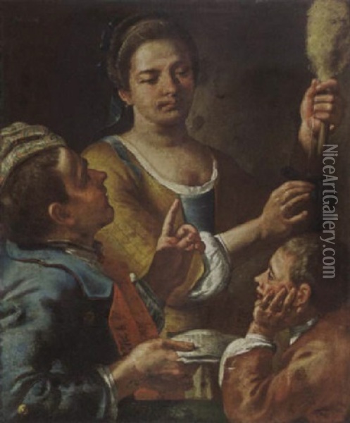 A Woman Holding A Spindle, Together With Two Boys Oil Painting - Giuseppe Bonito