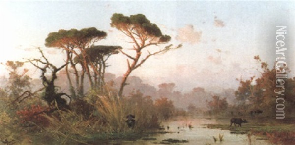 Buffelherde In Einer Sumpfigen Landschaft Oil Painting - Ignacy Pienkowski