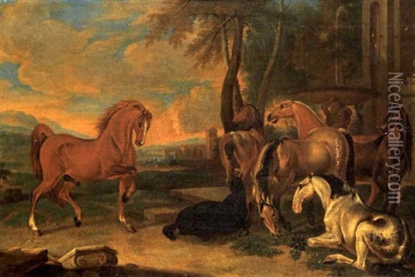 Pferde Von Sudlicher Landchaft Mit Springbrunnen Oil Painting - Philipp Ferdinand de Hamilton