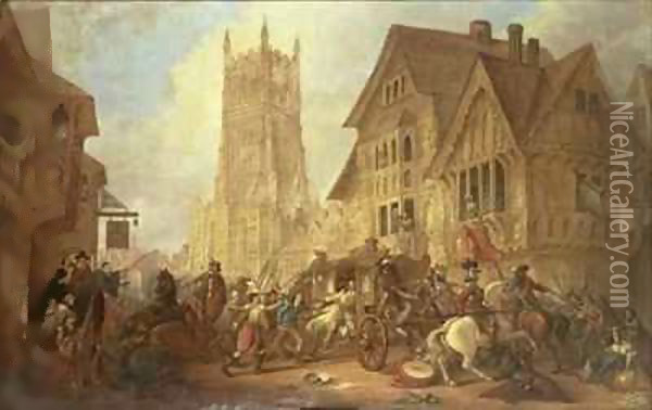 Cirencester Market Place, with the Abbey and the King's Head Hotel in 1642 - The First Bloodshed of the Civil War Oil Painting - John Beecham