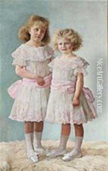 Portrait Of The Sisters Clara And Agnes Henningsen Oil Painting - Emilie (Caroline E.) Mundt