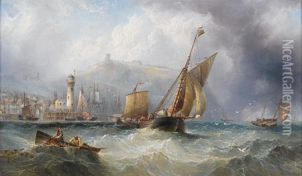 Barges Off Scarborough Harbour Oil Painting - Henry Redmore