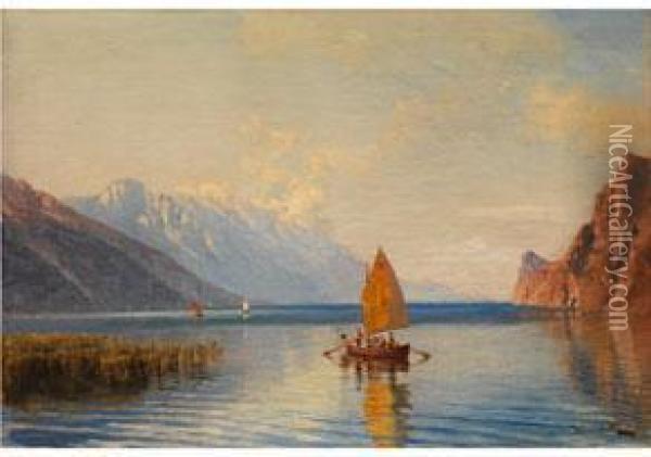 Der Gardasee Zwischen Riva Und Torbole Am Morgen Oil Painting - Anton Avlov Hlavacek /