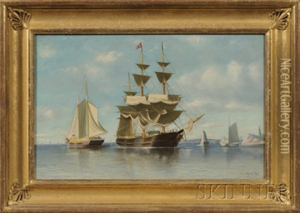 Harbor Scene With Distant Lighthouse Oil Painting - William Henry Coffin