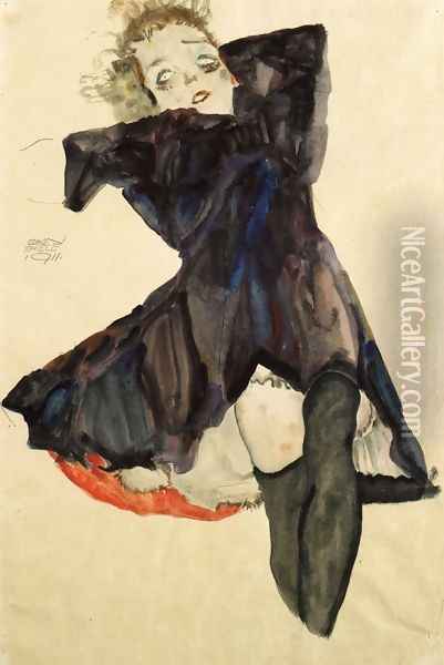 Girl In Blue Dress Oil Painting - Egon Schiele
