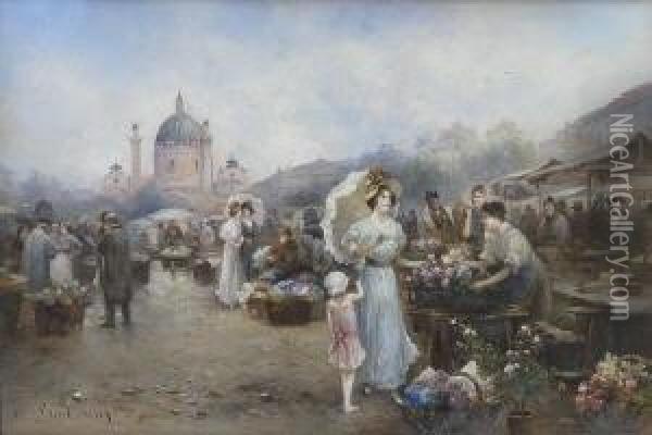 Blumenmarkt Auf Dem Wiener
 Karlsplatz. Oil Painting - Emil Barbarini