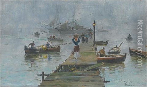 Figures By A Quay Oil Painting - Blas Olleros Y Quintana