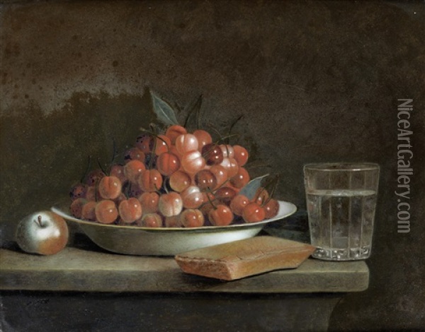 Cherries In A Bowl, With An Apple And A Glass On A Table Top Oil Painting - Francois Xavier Vispre