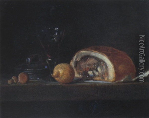 Stilleben Mit Schinken, Zitrone Und Rotweinglas Oil Painting - Jean-Baptiste-Simeon Chardin