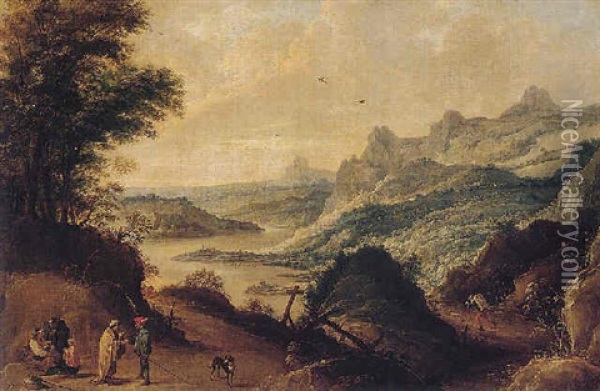 An Extensive Panoramic River Landscape With Gypsies And A Fortune-teller Reading A Man's Palm On A Track Oil Painting - Joos de Momper the Younger
