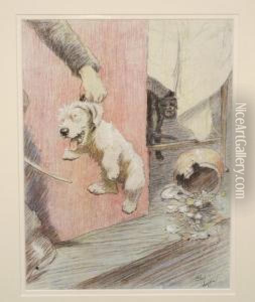 Gentleman Holding A West Highland Terrier, With A Cat Looking On Oil Painting - Cecil Charles Aldin