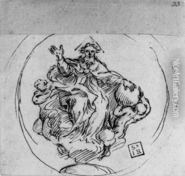 God The Father On A Cloud With Two Putti: Design For A Medal Oil Painting - Alessandro Algardi