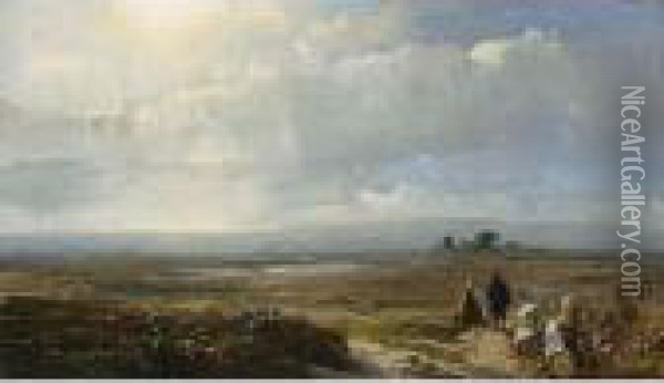Travellers In An Extensive Landscape Oil Painting - Andreas Schelfhout