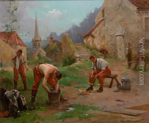 Rekruten Beim Waschen Und Gemuse Putzen Am Morgen Oil Painting - Alexandre Bloch