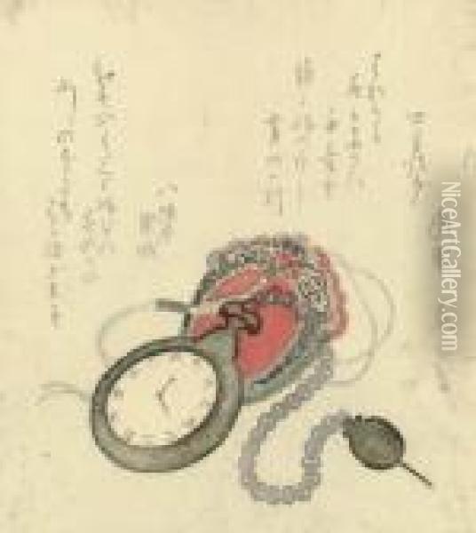 Egoyomi Surimono With A Pocket Watch Oil Painting - Utagawa or Ando Hiroshige
