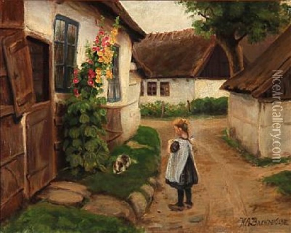 Village Scene With A Girl Playing With Her Dog Oil Painting - Hans Andersen Brendekilde