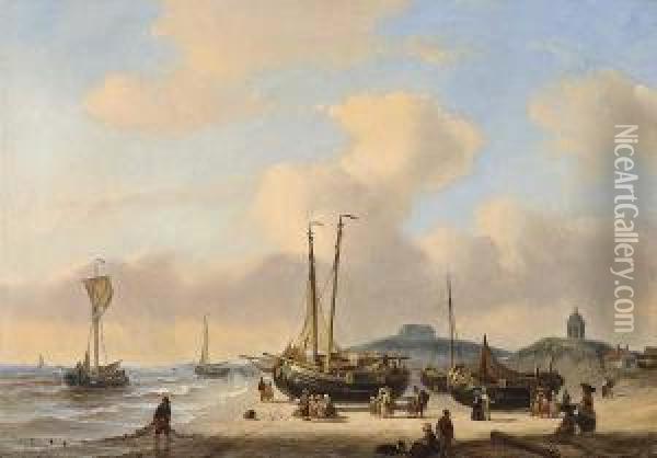 Fisherfolk On The Beach Near Seinpost Duin The Hague Oil Painting - George Willem Opdenhoff
