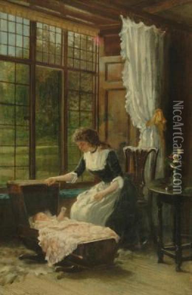 Interior With Young Mother Sitting Oil Painting - Nina Hardy