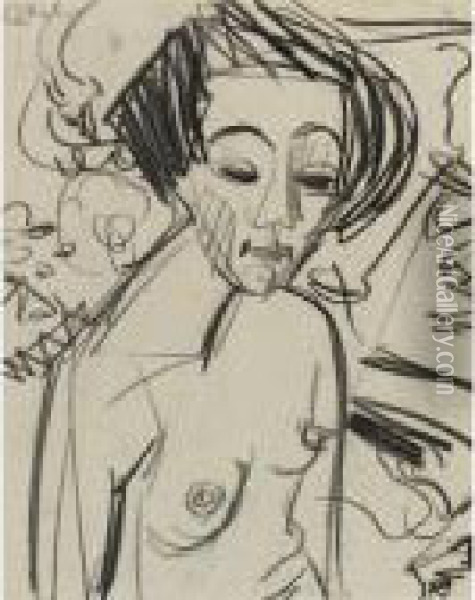 Nackte Frau (madchen) (nude Woman (girl)): A Double Sided Drawing Oil Painting - Ernst Ludwig Kirchner