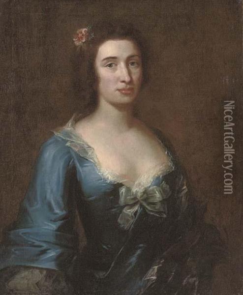 Portrait Of A Lady, Half-length,
 In A Blue Dress With Lace Trim And A Bow, Flowers In Her Hair Oil Painting - Joseph Highmore