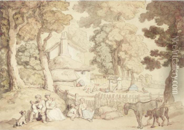 A Family, Horses And Pigs By A Cottage Oil Painting - Thomas Rowlandson