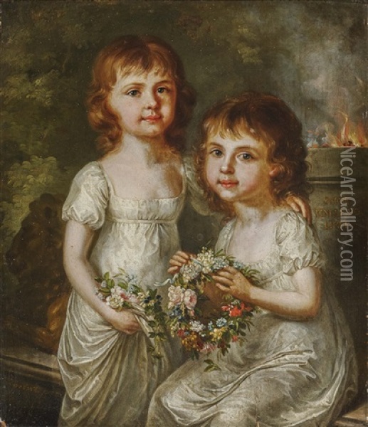 Portrait Of Two Sisters With Flower Wreaths Oil Painting - Margarethe Geiger
