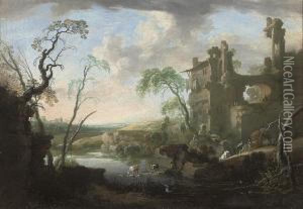 An Italianate Landscape With Drovers And Their Herd By Ariver Oil Painting - Pierre-Antoine Patel